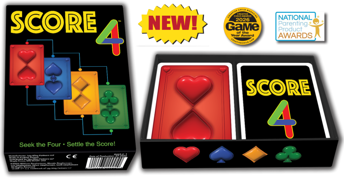 SCORE 4 card game box by Spy Alley Partners, shown closed and open with red heart and SCORE 4 cards inside